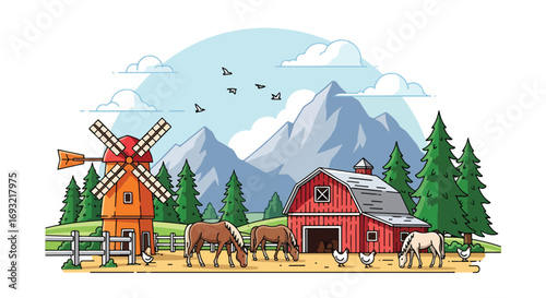 Flat style illustration of a red barn with horses, chickens, pine trees, mountains, and a windmill, symbolizing traditional farming, rural lifestyle, and sustainable countryside agriculture