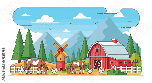 Flat style illustration of a red barn with horses, chickens, pine trees, mountains, and a windmill, symbolizing traditional farming, rural lifestyle, and sustainable countryside agriculture