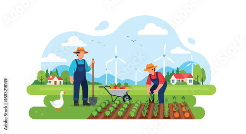 Flat style illustration of farmers planting vegetables in a field with wind turbines, houses, and greenery, symbolizing organic farming, renewable energy, and sustainable rural agriculture