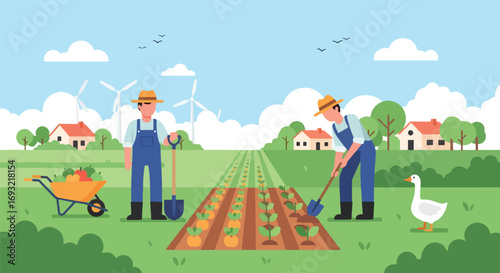 Flat style illustration of farmers planting vegetables in a field with wind turbines, houses, and greenery, symbolizing organic farming, renewable energy, and sustainable rural agriculture