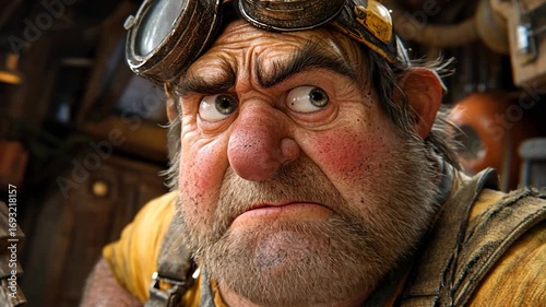 Grumpy Old Man with Goggles Looking Intently in Workshop Setting