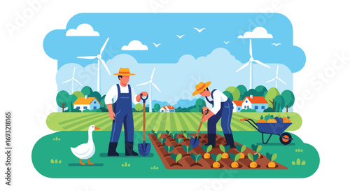 Flat style illustration of farmers planting vegetables in a field with wind turbines, houses, and greenery, symbolizing organic farming, renewable energy, and sustainable rural agriculture