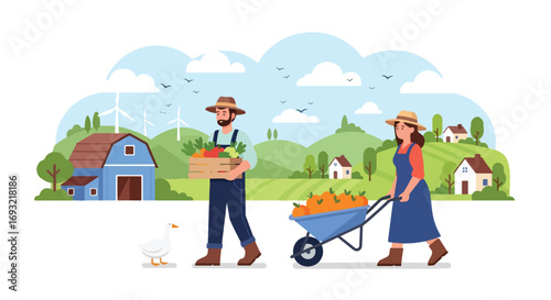 Flat style illustration of farmers carrying fresh vegetables and fruits on a sustainable farm with barn, wind turbines, and green fields, symbolizing organic farming and eco-friendly agriculture