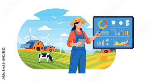 Flat style illustration of a farmer using digital data analytics for smart farming with wind turbines, solar panels, barns, and livestock, symbolizing sustainable agriculture and modern technology