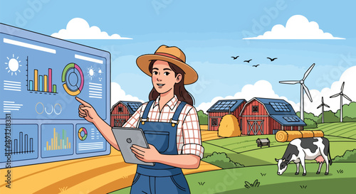 Flat style illustration of a farmer using digital data analytics for smart farming with wind turbines, solar panels, barns, and livestock, symbolizing sustainable agriculture and modern technology