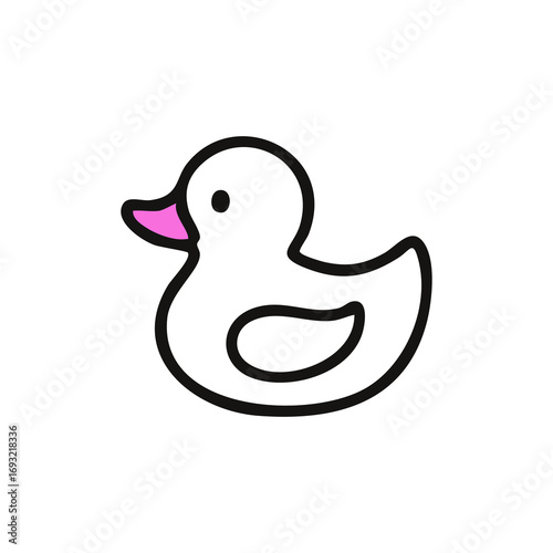 Simple black outline drawing of a white rubber duck with a pink beak
