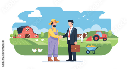 Flat style illustration of a farmer and businessman shaking hands on a farm with barn, tractor, cow, and chickens, symbolizing agriculture partnership, investment, and rural economy