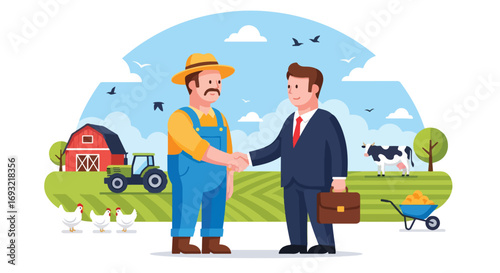 Flat style illustration of a farmer and businessman shaking hands on a farm with barn, tractor, cow, and chickens, symbolizing agriculture partnership, investment, and rural economy