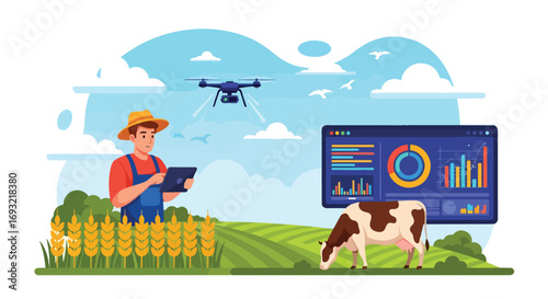 Flat style illustration of a farmer using a tablet and drone technology to monitor crops and livestock, symbolizing smart farming, innovation, and sustainable agriculture