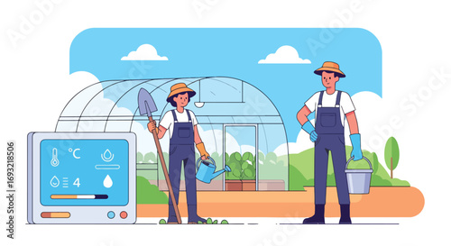 Flat style illustration of farmers working in a greenhouse with modern monitoring system, symbolizing smart farming, sustainability, agriculture technology, and eco-friendly food production