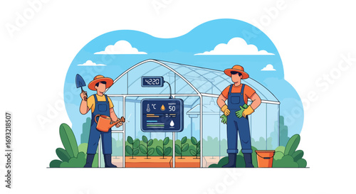 Flat style illustration of farmers working in a greenhouse with modern monitoring system, symbolizing smart farming, sustainability, agriculture technology, and eco-friendly food production