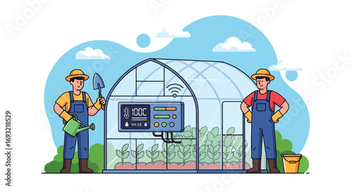 Flat style illustration of farmers working in a greenhouse with modern monitoring system, symbolizing smart farming, sustainability, agriculture technology, and eco-friendly food production