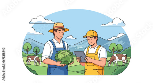 Flat style illustration of farmers in a rural field with cows, using technology and holding fresh produce, symbolizing modern agriculture, sustainability, and organic farming