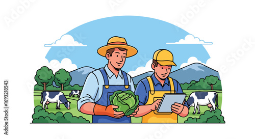 Flat style illustration of farmers in a rural field with cows, using technology and holding fresh produce, symbolizing modern agriculture, sustainability, and organic farming
