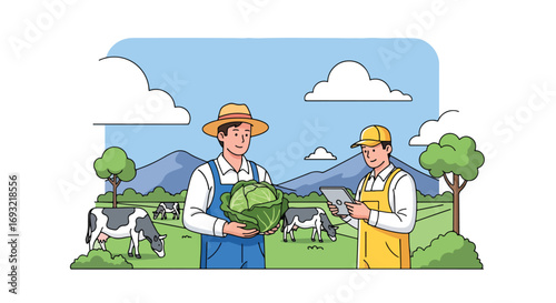 Flat style illustration of farmers in a rural field with cows, using technology and holding fresh produce, symbolizing modern agriculture, sustainability, and organic farming