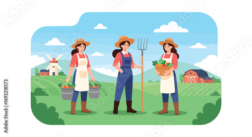 Flat style illustration of women farmers carrying fresh vegetables on a farm with barns and windmills, symbolizing agriculture, organic produce, sustainability, and rural lifestyle