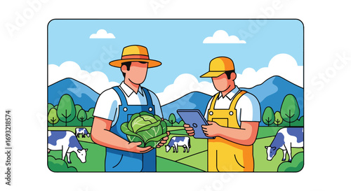 Flat style illustration of farmers in a rural field with cows, using technology and holding fresh produce, symbolizing modern agriculture, sustainability, and organic farming