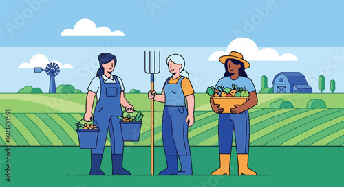 Flat style illustration of women farmers carrying fresh vegetables on a farm with barns and windmills, symbolizing agriculture, organic produce, sustainability, and rural lifestyle