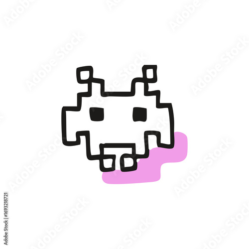 Pixelated alien graphic with a light purple splash