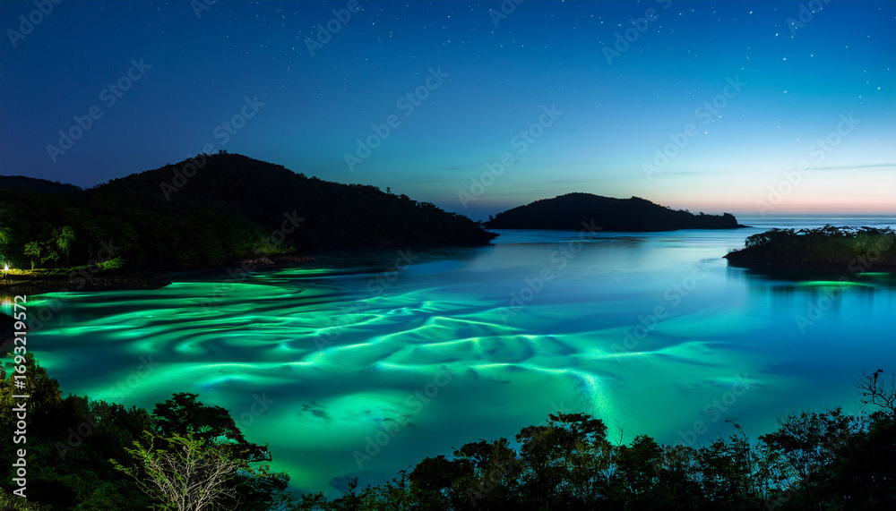 Fototapeta premium Nighttime Bioluminescent Bay Illuminates With Mystical Glowing Waters And Natural Beauty