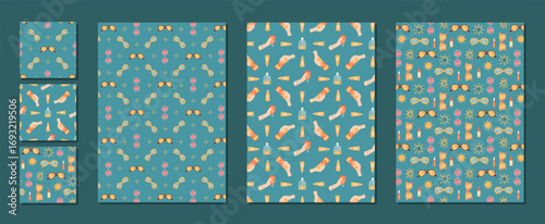 Cartoon seamless pattern of sunscreen bottle and tube shapes. Sunblock cream, spf lotion and spray reflect care summer protection. Sunglasses hold motif in cosmetic set.