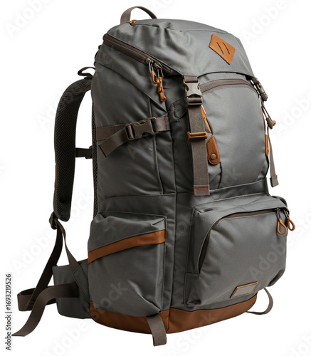 A gray hiking backpack with brown accents and straps, designed for outdoor adventures and travel isolated on transparent background
