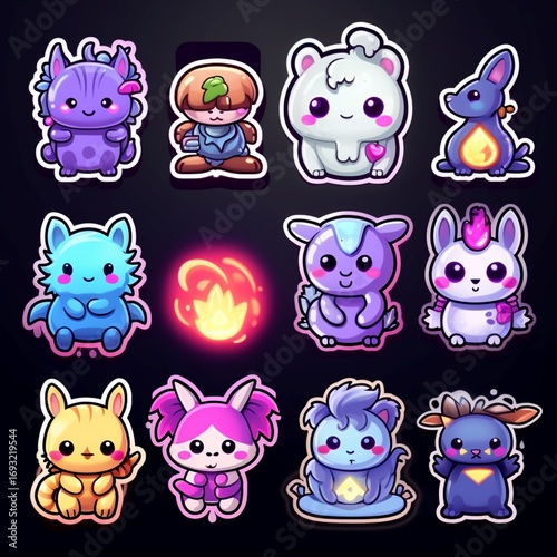 Vibrant Glowing Kawaii Monster Stickers
