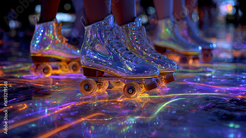 Sparkling Roller Skates illuminate a Disco Floor with Vibrant Neon Lights