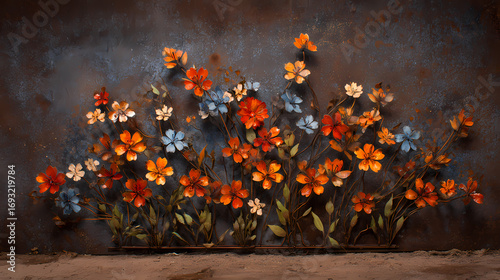 Metal Flowers on Rustic Wall Floral Arrangement in Warm Tones