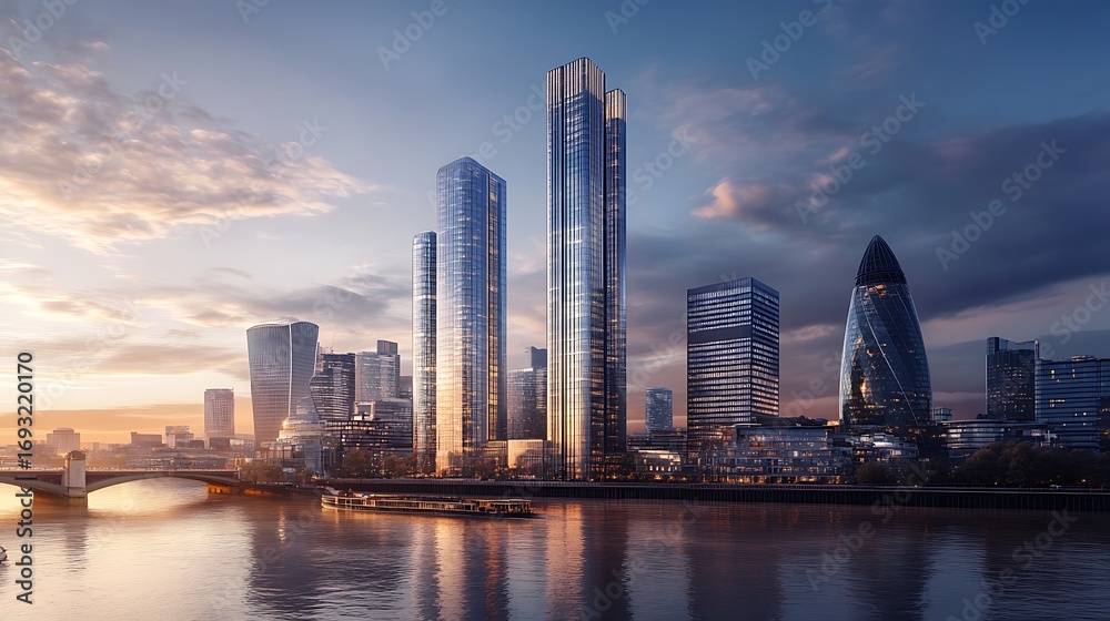 Naklejka premium Stunning futuristic city skyline with tall modern skyscrapers reflecting water picture