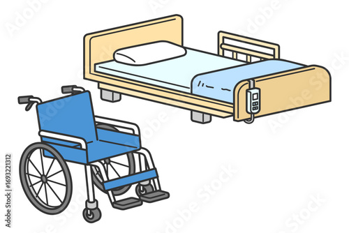 Nursing Bed and Wheelchair Illustration｜介護用ベッドと車椅子のイラスト