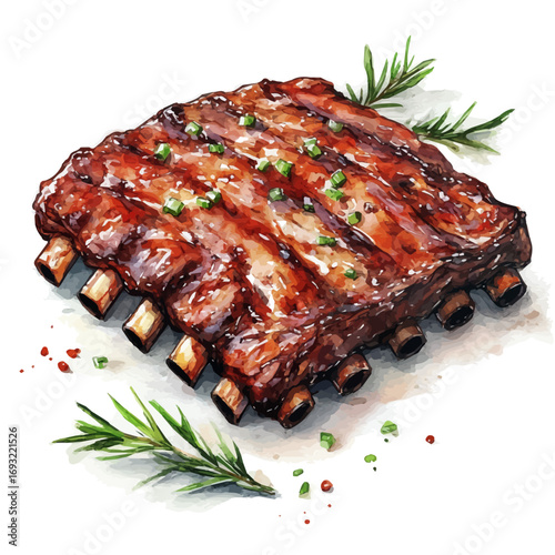 BBQ Ribs, watercolor vector, isolated on a white background.