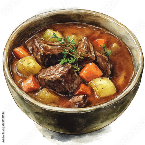 Beef Stew, watercolor vector, isolated on a white background.