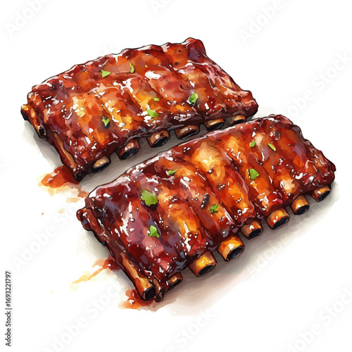 BBQ Ribs, watercolor drawing vector, isolated on a white background.