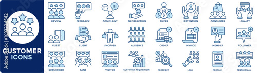 Customer icon collection set. Containing client, buyer, consumer, shopper, audience, visitor icon. Simple blue vector illustration