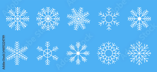 Cute snowflakes collection isolated on blue background. Flat snow icons, silhouette. Nice element for Christmas banner, cards. New year ornament. Vector illustration