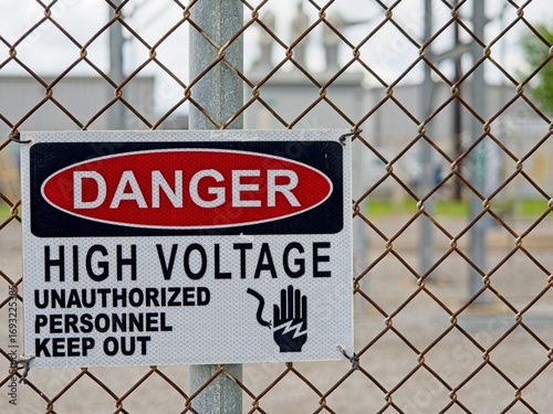 High Voltage danger warning sign on chainlink fence