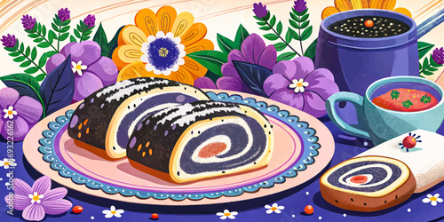 Polish makowiec poppy seed roll dessert, festive sweet bread, cultural pastry delicacy, traditional Eastern Europe food