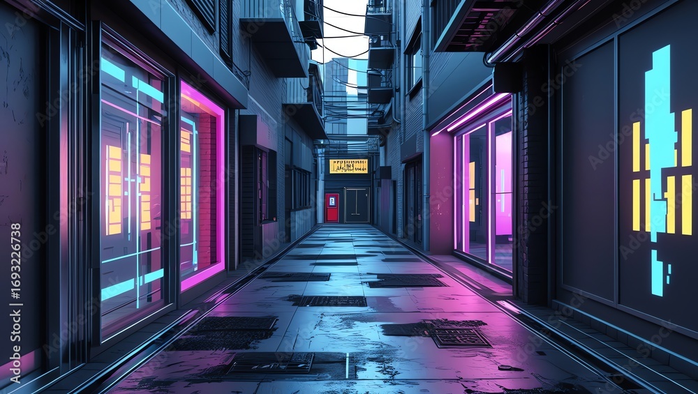 Naklejka premium Neon-Lit Cyberpunk Alleyway: A Futuristic Urban Exploration