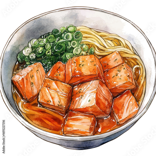 Udon Noodles, watercolor illustration vector, isolated on a white background.
