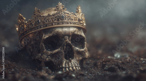 Dramatic scene of a skull with a broken crown resting on ash, surrounded by chilling shadows, haunting gothic atmosphere, conceptual halloween illustration. skull crown, gothic hal
