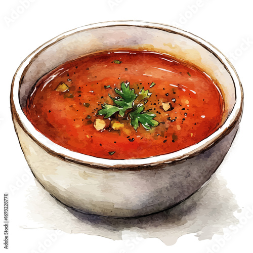 watercolor vector of Tomato Soup, isolated on a white background.