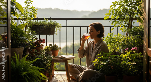 Woman relaxing on balcony drinking tea surrounded by plants with scenic view