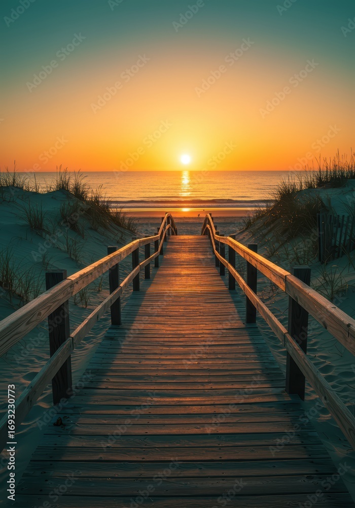Obraz premium Wooden walkway leading to a serene beach at sunset