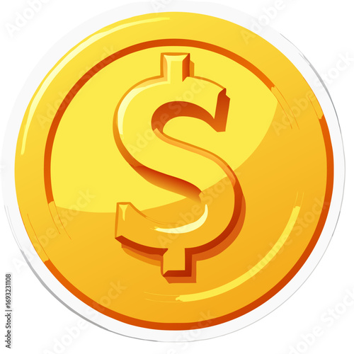 Shiny golden dollar coin illustration isolated on a white background. This glossy icon is a symbol of wealth, currency, and financial success