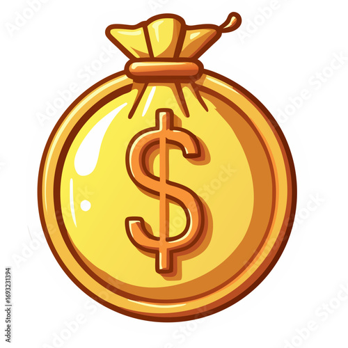 Shiny gold coin with a dollar symbol and a money bag illustration. Vector icon representing wealth, finance, currency, and winning a jackpot or bonus in a game