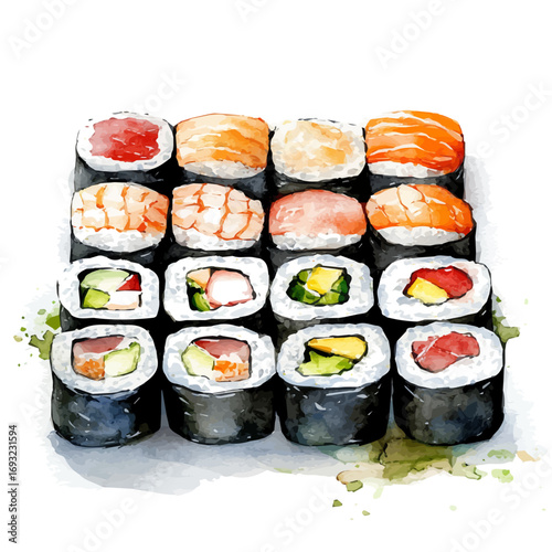 Sushi, watercolor vector, isolated on a white background.