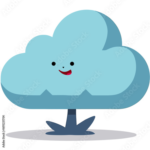 Cheerful light blue cartoon cloud character, smiling, representing digital information, online connectivity, and modern technology, ideal for approachable design