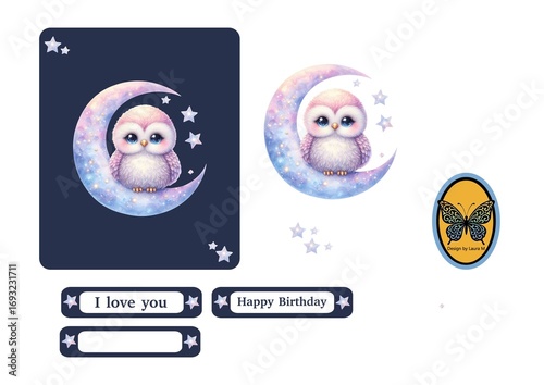 3D Card – Cute Pastel Owl with Moon, Stars, Love and Birthday Text, and Butterfly Emblem