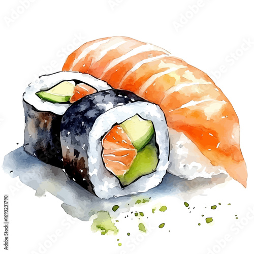 watercolor of Sushi, vector, isolated on a white background.